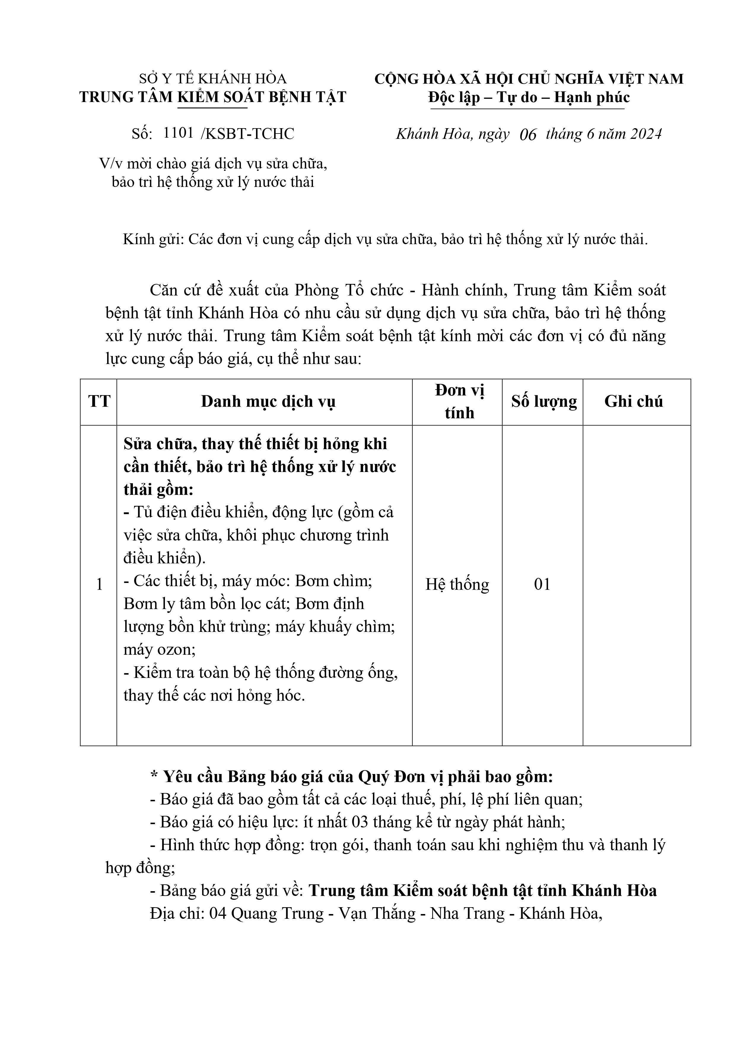 Mời chào giá dịch vụ sửa chữa, bảo trì hệ thống xử lý nước thải